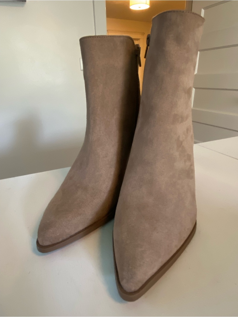 Pointed Toe Suede Ankle Boots - Taupe